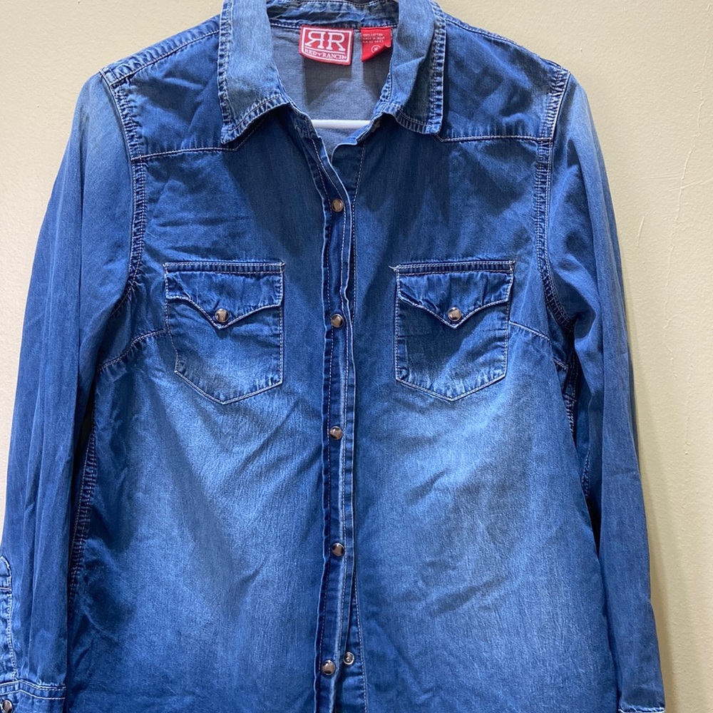Red Ranch Denim pearl snap button cowgirl Western barrel racer shirt M